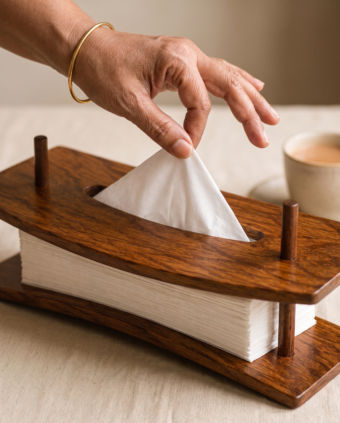 Pulling a tissue from a Pure Sheesham Wood holder on a desk