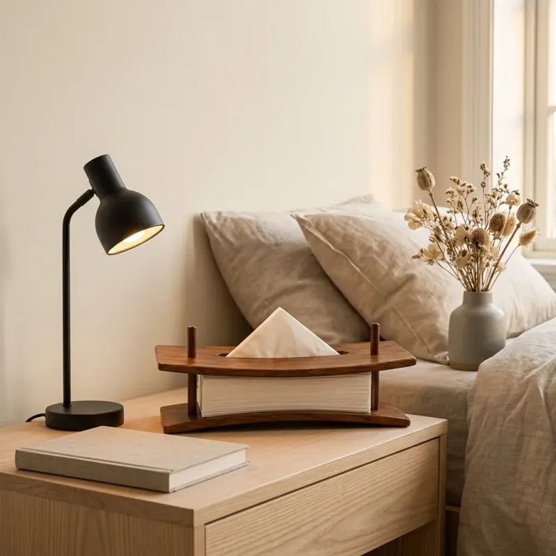 Walnut tissue holder styled on a bedroom nightstand