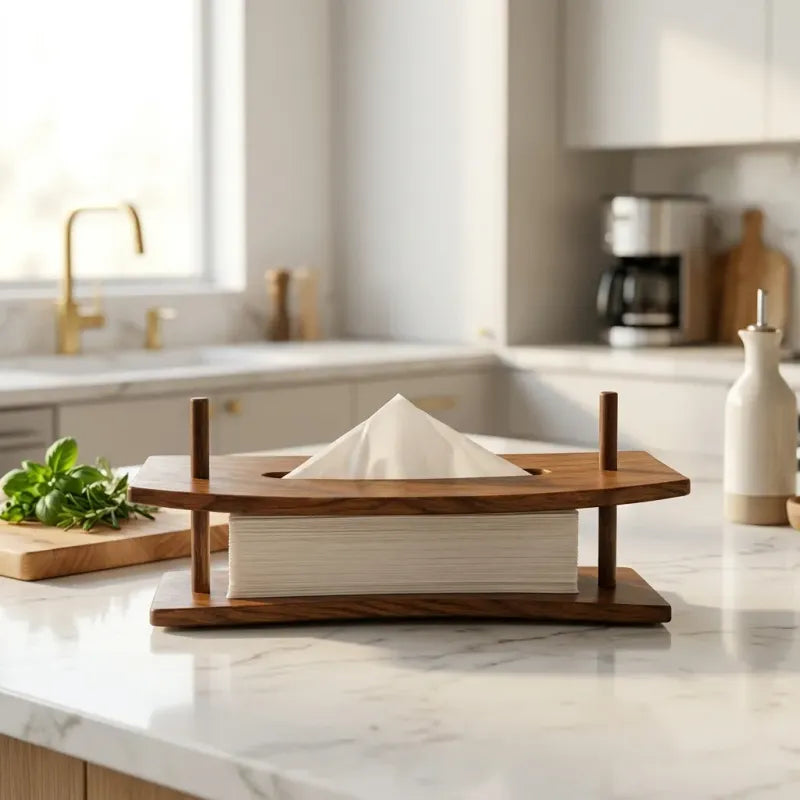 Wooden tissue holder styled on a kitchen counter