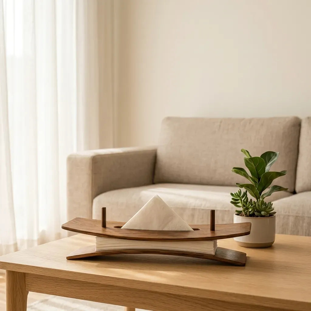 Wooden tissue holder displayed in a warm living room