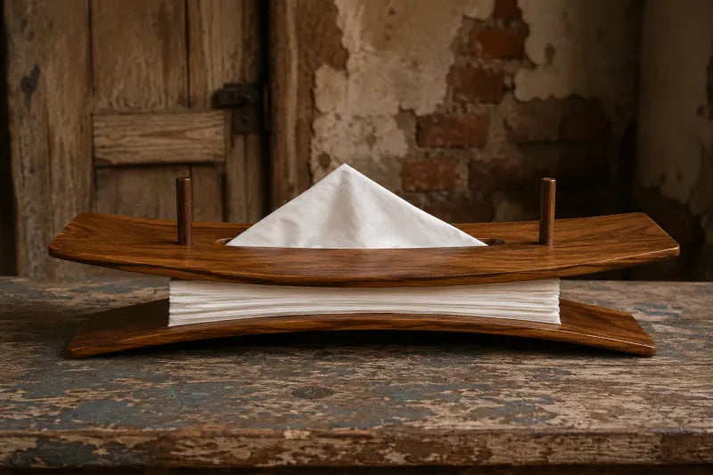 Handmade walnut tissue holder viewed from the front