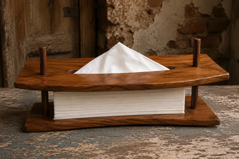 Close-up of the tissue holder's natural walnut grain