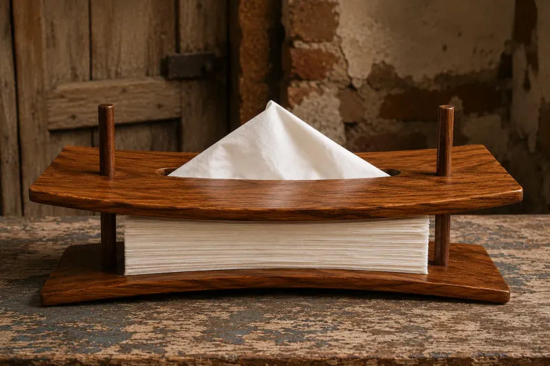 Wooden tissue holder loaded with tissues from a front angle
