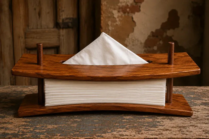 Wooden tissue holder viewed from the side